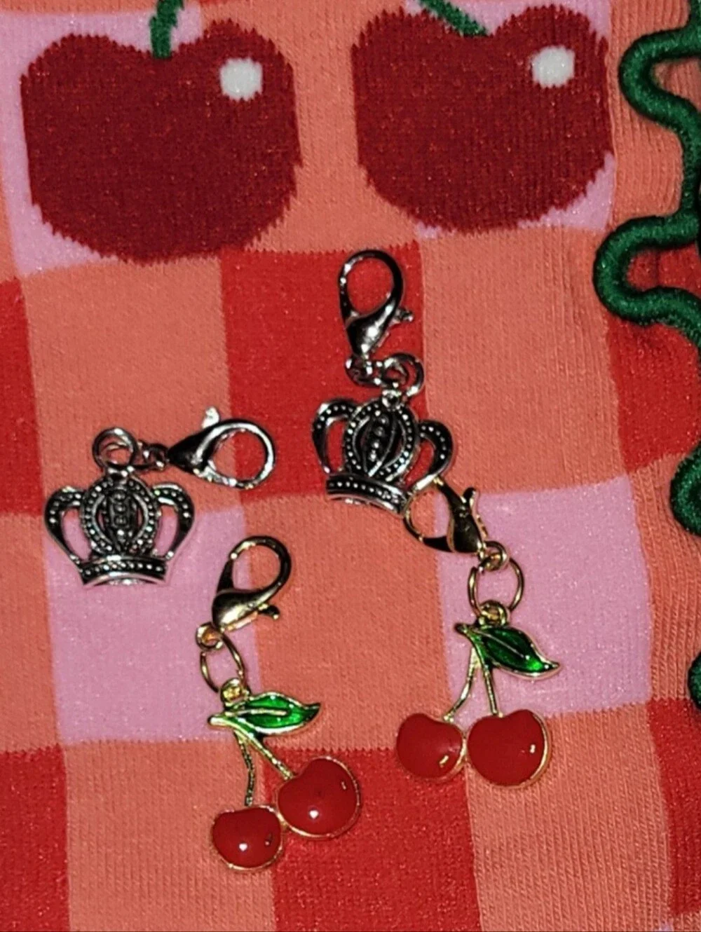 Cherry Check Ruffle Crew Socks - Pink & Red Includes 2 Sets Of Matching Charms